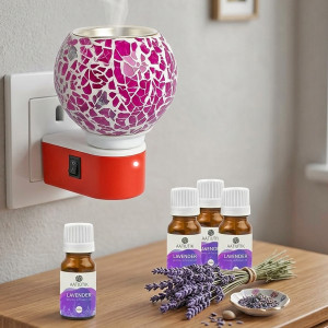 Aatiutik Lavender Fragrance Air Freshener Diffuser Set Premium Ceramic Kapoor Dani Camphor Aroma Diffuser Electric with Aroma Oils | Plug-in Fragrance Burner | Glass Mosaic Essential Oil Diffuser | Home, Office, Hotel, Spa, Temple Air Freshener