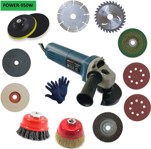 Inditrust Electric Angle Grinder Machine with 1pair Glove 2pc Vecro pad 1pc 4inch (Felt Flap Metal Cutting Grinding Marble Wood Wheel ) 1p 5inch Backing Pad 2pc 3inch Golden and Twisted Cup brush set Angle Grinder (100 mm Wheel Diameter) - Image 1