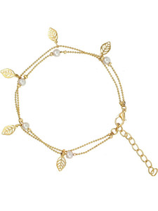 NAKABH Nakabh Golden Chain Double Layer Leaf Shape with Pearl Single Leg Anklet for Girls and Women Metal Anklet