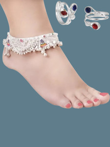 SONU SELECT Beautiful Silver Plated Bridal Payal Pajeb For Women With 2 Toering Alloy Anklet