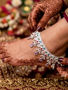 Aadish Jewellery Traditional Bridal Meenakari & Stone Studded Silver Anklet Sterling Silver, Silver, Alloy Anklet