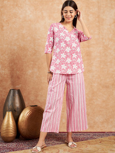 PIVL Women Printed Pink Night Suit Set