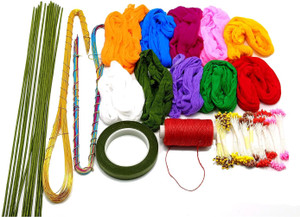 PRANSUNITA Complete Stocking Flower Making kit for Beginners - Includes Flower Making Imported Stockings Cloth, Golden, Multi & Green Hard Wires, Pollens, Floral Tape, & Tying Thread
