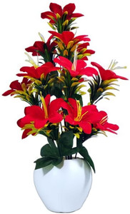 sunever Red Lily Bonsai Wild Artifificial Flower Plant for Home Decor Plant with Pot Red Lily Artificial Flower