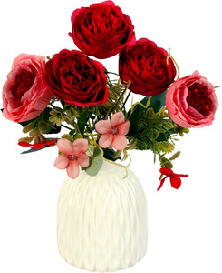 Dekorly Artificial Flower Home Décor Bouquet Tabletop Anniversary Valentine with Vase Red Peony, Rose, Tulips Artificial Flower  with Pot