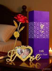 Menka Artificial Golden Red Rose With Photo Frame Gift Set With Box & Carry Bag Red Rose Artificial Flower