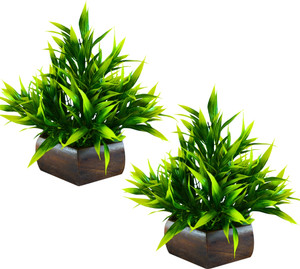 fancymart Bamboo Leaves Plant in wooden pot Green Wild Flower Artificial Flower  with Pot