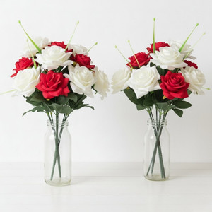 PREMA SHINE Artificial Red & White Rose Flower Bouquet | Decorative Flower Bunch Red, White Rose Artificial Flower