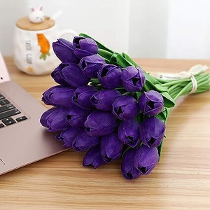 Satyam Kraft 5 Pcs Tulip Flower Bunch Fake Sticks for Decorations Dark Purple Tulips Artificial Flower