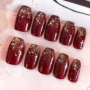 The NailzStation nails artificial nail fake designer press on extension with design glue Ombre Maroon