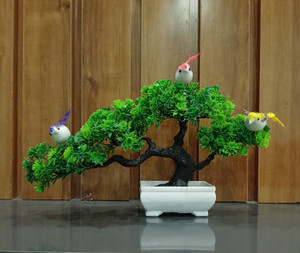 Decogreen SINGAL 4TP GREEN, 3BIRDS, SHIP POT, Plant For Home, Office Decor & Study Table Bonsai Wild Artificial Plant  with Pot