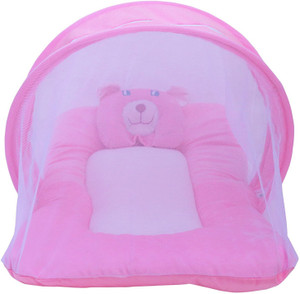 Little Baby Bed with mosquito net for new born | Baby Pillow | Polyester | Foldable mattress | Pink Standard Crib