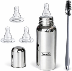 Wagwanfly Steel Baby Feeding Bottle with Cleaning Brushes 1 Nipple Free - 240 ml