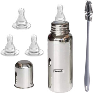 Wagwanfly Steel Baby Feeding Bottle with Cleaning Brushes 1 Nipple Free - 240 ml