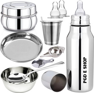 PGD Deluxe stainless steel baby feeding bottle, Extra 8 baby steel food feeder set - 350 ml