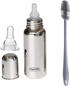 Wagwanfly Steel Baby Feeding Bottle with Cleaning Brushes 1 Nipple Free - 240 ml