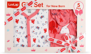 LuvLap Newborn Baby Gift Set of 5 Items, Clothes Set 0-3 Months, Zoo Animal Print,