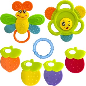 WISHKEY Plastic Non Toxic BPA Free 1 Shake & Grab Rattle and 5 Teether Toy for Infants Rattle