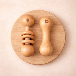 Bhupadh Handmade Wooden Dumbbell Rattle Set (2-Piece) | Natural Beechwood Sensory Toy Rattle