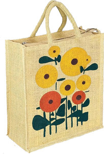 AVLUZ Natural Sun Flower Printed Jute Multipurpose Bag