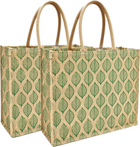 AVLUZ Natural Leaf Printed Jute Bag Pack of 2 | 16-inch (2 Units) Multipurpose Bag