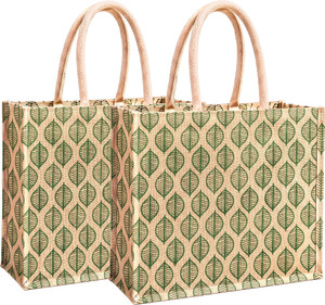 AVLUZ Natural Leaf Printed Jute Bag Pack of 2 | 16-inch (2 Units) Multipurpose Bag