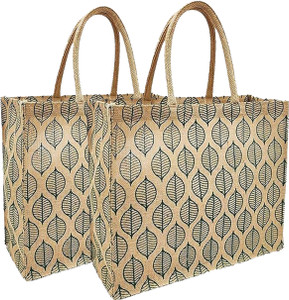 AVLUZ Natural Leaf Printed Jute Bag Pack of 2 | 16-inch (2 Units)