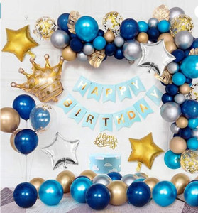 PARTY BREEZE Solid Golden and blue Happy Birthday Decoration Combo Kit with Banner, Balloons,crown foil 51pcs for Birthday Decoration Boys,Girl,Husband, Wife, Girl Friend, Adult. (blue 51pcs) (Set of 51 Balloon