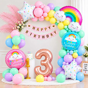 PopTheParty Printed Rainbow Cloud Theme Third Birthday Pastel Balloons Decoration Kit For Baby Balloon