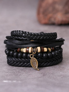 Murliwala Wood, Alloy, Leather Beads Bracelet Set