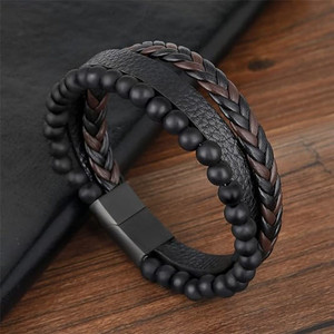 Roadster Metal, Mother of Pearl, Alloy, Stainless Steel, Leather Beads, Crystal Black Silver Bracelet