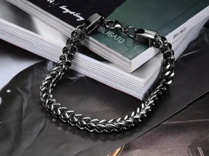 MEENAZ Metal, Alloy, Steel, Stainless Steel Platinum, Rhodium, Black Silver Bracelet Set