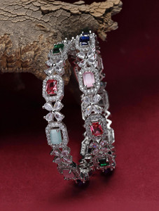 ZENEME Brass Cubic Zirconia Rhodium Bangle Set