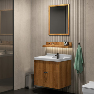 WASSMIST Bathroom Vanity Cabinet with Wash Basin, Mirror & Shelf (Brown) Wall Hung Basin