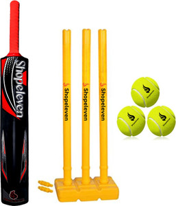 GJSHOP Complete Cricket Set with Black Plastic Bat, 3 Tennis Balls, and Stumps Cricket Kit