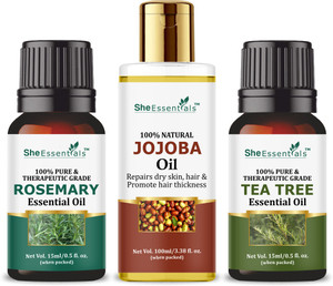She Essentials Rosemary Essential Oil | Tea Tree | Jojoba Carrier Oil for Hair, Skin