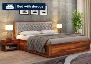 WOODSTAGE Sheesham Wood King Size Bed with Box Storage (Teak Finish, Grey) Solid Wood King Box Bed, 193.04 cm x 208.28 cm (6.33 ft x 6.83 ft)