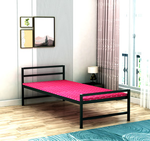 Ziaula ZIAULA 6X3 Feet Iron Metal Bed With Attached MDF Board and Mattress Metal Single Bed