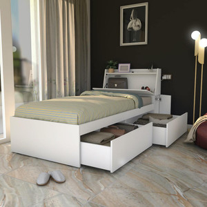 Studio Kook Tribe Right with Headboard storage Engineered Wood Single Drawer Bed, 225 cm x 98.4 cm (7.38 ft x 3.23 ft)