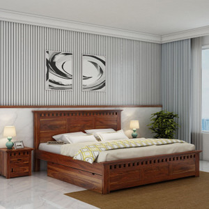WOODENJOY Sheesham Wood Queen Bed With Drawers Storage/Wooden Queen Bed With Storage Solid Wood Queen Drawer Bed