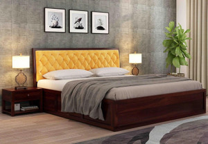DITHA Furniture Solid Sheesham Wood King Size Bed With Fabric Headboard For Bedroom. Solid Wood King Box Bed, 208 cm x 187 cm (6.82 ft x 6.14 ft)