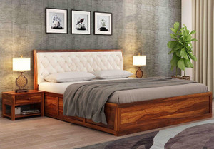Taskwood Furniture Solid Sheesham Wood King Size Bed With Fabric Headboard For Bed Room, Hotel. Solid Wood King Box Bed