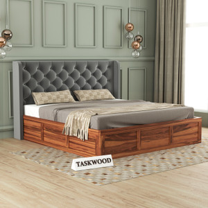 Taskwood Furniture Solid Wood Queen Size Bed With Fabric Headboard And Box Storage For Bedroom Solid Wood Queen Box Bed