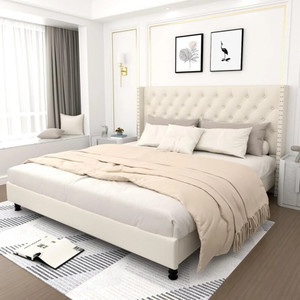 Klenta Home Decor Fabric Upholstered Queen Size Bed With Button Tufted Headboard For Bedroom || Solid Wood Queen Bed