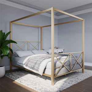 Worldwood 4 Poster Canopy Bed with Crisscross Headboard and Footboard Metal Queen Bed
