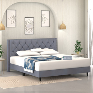 FEBERICA Engineered Wood Fabric King Size Bed with Upholstered Headboard for Bedroom | Engineered Wood King Bed, 190.5 cm x 210.82 cm (6.25 ft x 6.92 ft)