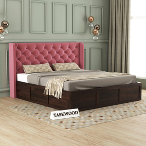 Taskwood Furniture Solid Wood King Size Bed With Fabric Headboard And Box Storage For Bedroom Solid Wood King Box Bed, 205 cm x 190 cm (6.73 ft x 6.23 ft)