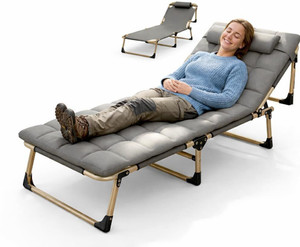 LEXOTHO Camping Folding Bed with Cushion Mattress Portable Recliner Cot Adjustable Chair Metal Outdoor Chair