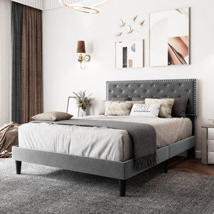 FEBERICA Engineered Wood Fabric Queen Size Bed with Upholstered Headboard for Bedroom | Engineered Wood Queen Bed, 165.1 cm x 210.82 cm (5.42 ft x 6.92 ft)
