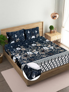 real dream Velvet Double Fitted (Elastic) 310 TC Printed 1 Winter Bedsheet with 2 Pillow Covers